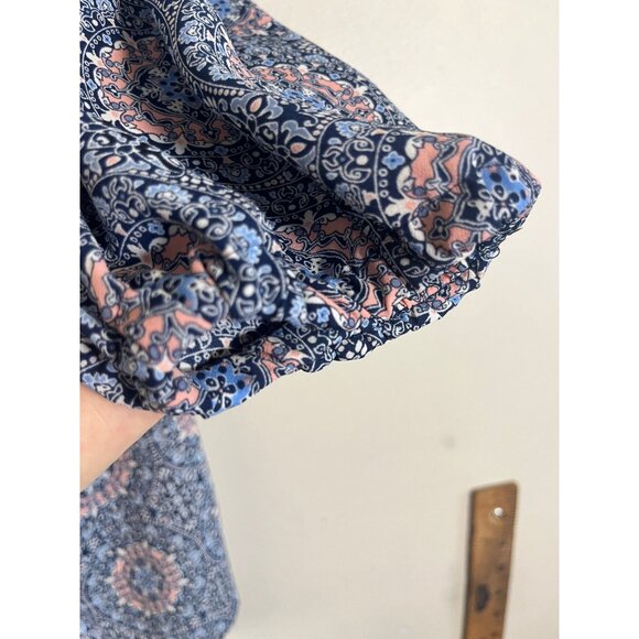 Retro Floral Tunic Top Blue 1X Boho Preppy Classic Chic Western Work Wear Artsy - Picture 2 of 10